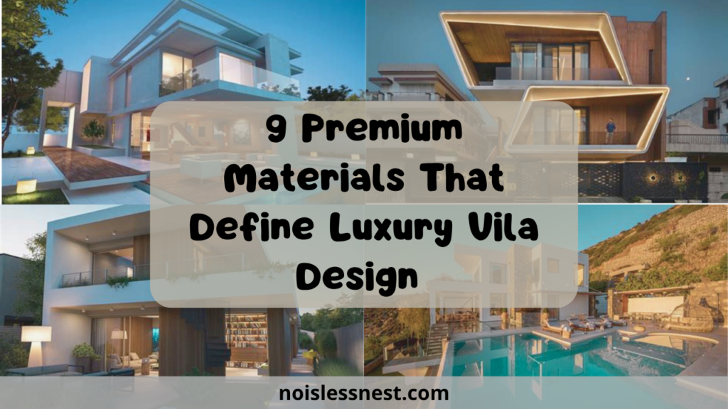 A four-panel collage showcasing modern architecture and high-end materials that define luxury villa design. The top-left panel shows a sleek concrete villa with an open-plan layout at twilight, while the top-right features a geometric house accented by warm integrated LED strip lighting along its overhangs. The bottom-left panel displays a minimalist interior opening onto a terrace, and the bottom-right highlights an expansive outdoor pool deck with comfortable lounge chairs, illustrating premium concepts in luxury villa design.