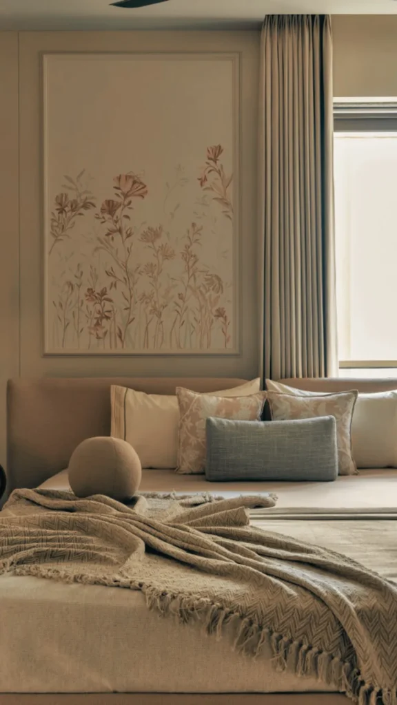A serene, high-end bedroom scene that emphasizes tactile comfort and subtle design. The bed is layered with a fringed, chunky knit throw and a variety of pillows in linen and patterned fabrics. Above the soft-curved headboard hangs a delicate floral wall mural in muted earth tones. The presence of a round sculptural cushion and flowing beige drapes creates a sensory-rich environment that feels both "elegant" and "lived-in," moving beyond hotel-lobby perfection to true home sanctuary.