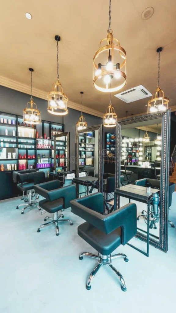A glamorous modern luxury hair salon interior featuring sleek, angular black leather styling chairs paired with large, floor-length vanity mirrors enclosed in detailed dark frames. Suspended from the beige ceiling is a series of striking, open-frame gold cage chandeliers with exposed warm lightbulbs, casting a soft, flattering glow across the room. In the background, dark-paneled walls house extensive floating shelves packed with neatly organized colorful hair products, creating a sophisticated and beautifully lit retail display.