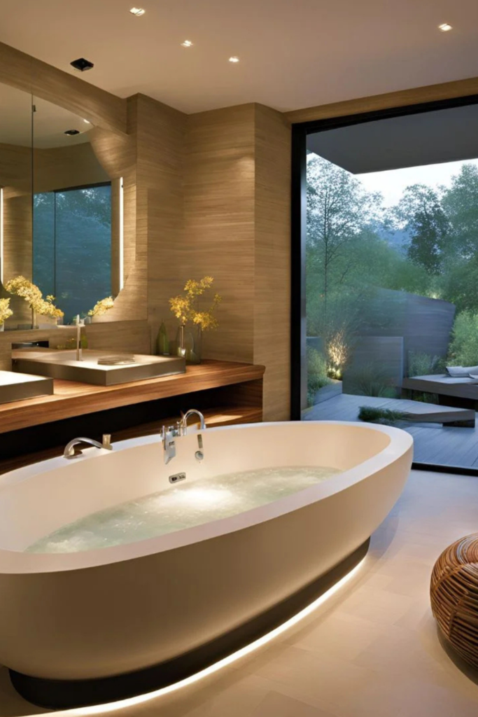 An ultra-luxury spa bathroom that emphasizes sensory wellness and natural materials. A large, oval freestanding soaking tub with soft under-glow lighting serves as the centerpiece, set against a backdrop of warm wood-paneled walls and a rich timber vanity. To the side, a massive floor-to-ceiling window opens to a lush, private garden, seamlessly blending the indoor "sanctuary" with nature. The space illustrates the use of diffused lighting and organic textures to create a "safe" and calming experience.
