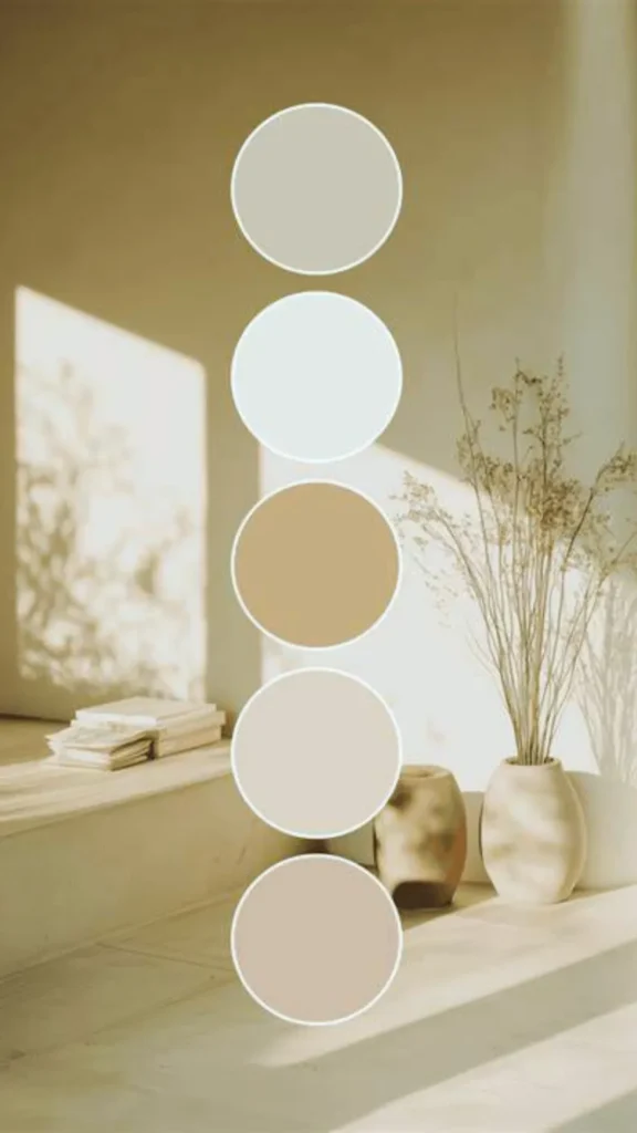 A vertical color palette overlay set against a serene, sun-lit minimalist interior. Five circular swatches display a range of sophisticated neutrals, including cool greige, soft cream, warm tan, biscuit, and a muted sandy taupe. The background features a limewashed corner with a simple ceramic vase of dried flowers and a stack of books, bathed in a "warm, sunlit hug" of natural light. The image serves as a visual guide for a professional spa palette, moving away from clinical blues toward intimate, earthy tones.