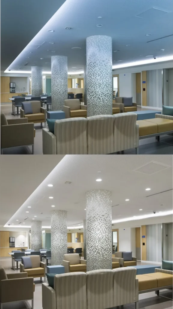A split-screen comparison of a modern lounge area demonstrating the impact of lighting temperature on an interior. The top image shows the space under cool, bluish "daylight" bulbs, creating a clinical and harsh atmosphere. The bottom image shows the exact same room lit with warm, 3000K amber-toned lighting, which softens the textures of the mosaic pillars and beige seating. This visual highlights the "gentle awakening" vs. "harsh office" effect, proving how warm, layered lighting is essential for a luxury spa environment.
