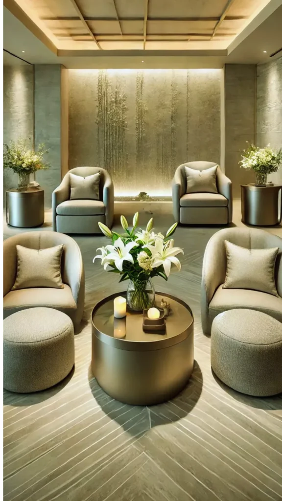 A high-end spa lounge featuring a sophisticated neutral palette and a rich variety of textures. Four plush, curved armchairs with bouclé-style cushions are arranged around a circular metallic coffee table topped with white lilies and glowing candles. In the background, a large, floor-to-ceiling textured stone wall with a waterfall sheet and integrated base lighting creates a dramatic "tactile" backdrop. The space, set on a unique herringbone-patterned floor, illustrates how mixing natural materials like stone, metal, and soft upholstery creates a memorable sensory experience for guests.