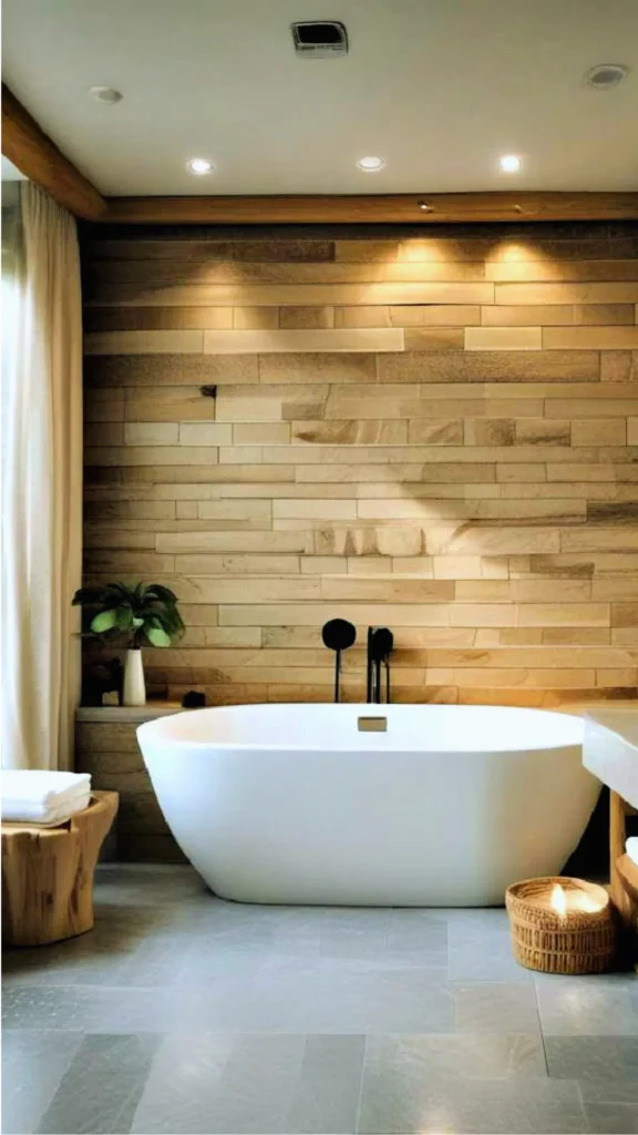 A minimalist luxury bathroom featuring a clean, white freestanding soaking tub against a backdrop of a warm, multi-toned stone brick wall. To the side, a small green plant in a white vase is positioned to catch the light, while a rustic wooden stool with folded white towels and a glowing candle in a woven basket add to the sensory experience. The soft, recessed ceiling lighting creates a gentle glow, demonstrating how simple organic elements and "biophilic" textures create a tranquil, spa-like sanctuary.