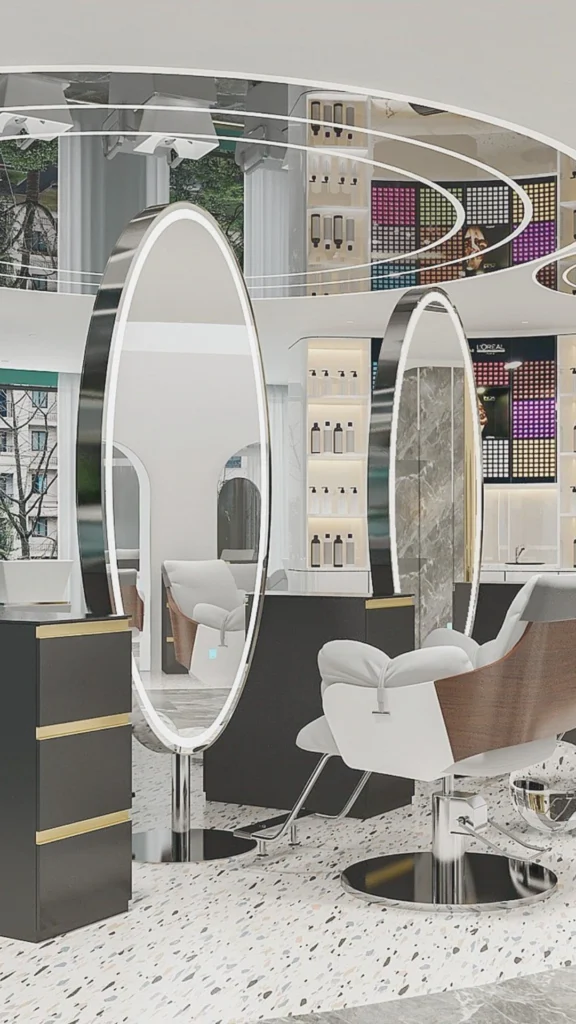 An ultra-modern, high-end luxury hair salon styling station designed with a futuristic, clean aesthetic. The station features large, freestanding oval mirrors illuminated with seamless, built-in white LED halo lights around the rims. A sophisticated styling chair with white leather upholstery, a curved wooden back, and a polished chrome base sits on a speckled terrazzo tile floor. Next to the mirror is a sleek matte-black vanity cabinet accented with horizontal gold bands. The glossy, reflective ceiling features ringed light panels, mirroring the bright retail displays and marble walls in the background.