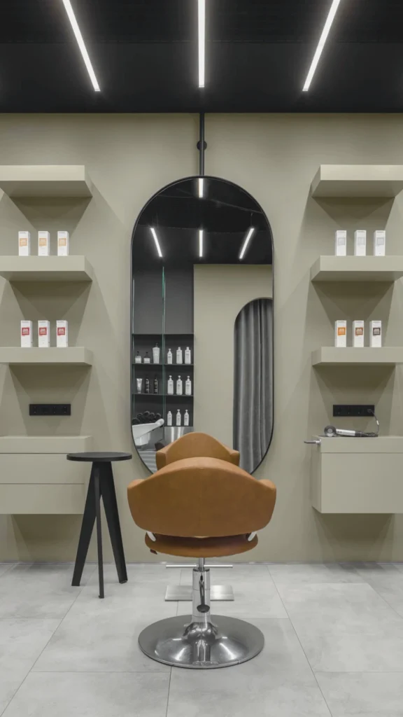 A minimalist, high-end luxury hair salon station designed with a clean, contemporary aesthetic. In the center, a tan leather styling chair with a polished chrome base sits facing a tall, vertical arched mirror framed in black. The background wall is painted a smooth, muted olive-beige or warm greige, flanked by symmetrical floating shelves that neatly display uniform product bottles. A small, black minimalist tripod side table stands on the left, while a sleek built-in cabinet sits on the right. The black ceiling is accented by parallel linear LED strip lights, casting a bright, modern glow across the large gray floor tiles.
