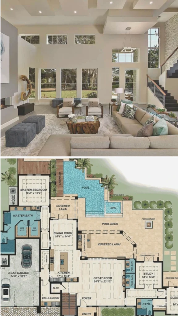 A two-part graphic showcasing a luxury architectural concept. The top image displays a massive, high-ceilinged modern great room featuring a neutral beige L-shaped sectional sofa, cream armchairs, and a sculptural tree-stump coffee table arranged on a plush white shag rug. The space boasts a multi-tiered tray ceiling, an integrated fireplace wall, and numerous large windows looking out onto lush greenery. The bottom image displays a detailed, labeled architectural floor plan corresponding to a luxury estate, highlighting the layout of a master suite, kitchen, grand great room, and an expansive outdoor entertainment deck with a geometric pool, spa, and covered lanai spaces.