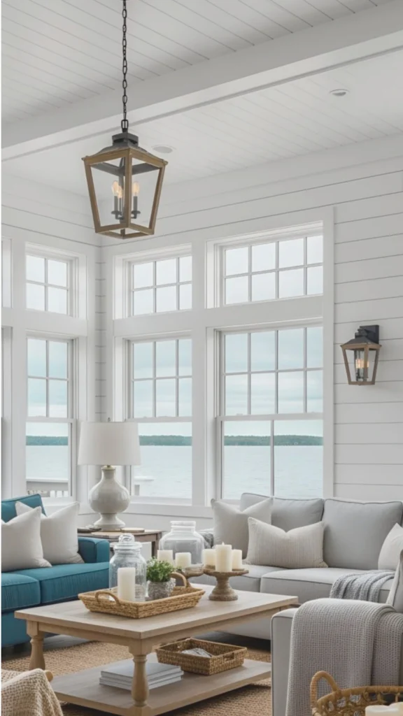 A bright and airy coastal-style living room showcasing a beautifully detailed white shiplap plank ceiling and walls. The room features a light gray sofa and a contrasting teal blue sofa, both styled with plush neutral accent pillows. A rectangular light-wood coffee table sits on a woven jute rug, decorated with a wicker tray, glass jars, and candles on pedestals. The space is illuminated by a hanging wooden lantern chandelier and a matching wall sconce, while expansive grid windows in the background frame a serene view of calm lake waters.