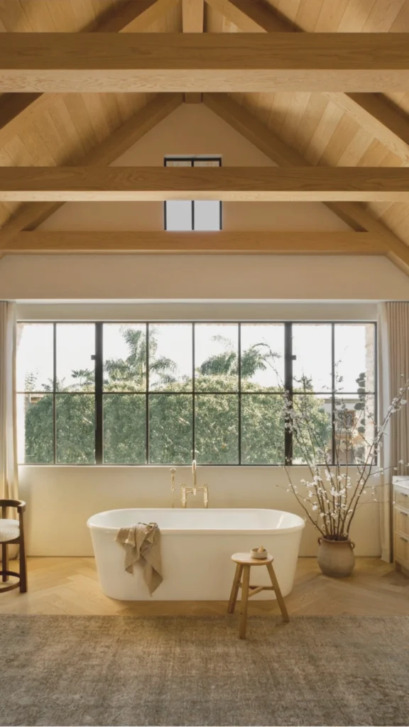 A serene and bright primary bathroom in a luxury bungalow designed as a private sanctuary. The room features a clean-lined white freestanding soaking tub positioned directly beneath a massive floor-to-ceiling picture window that frames a peaceful view of dense green tropical trees outside. The floors are laid with large, matte light-gray tiles, and a minimalist black side table stands next to the tub holding a small glass bottle. Soft daylight floods the space, highlighting the open, spa-like connection to nature.