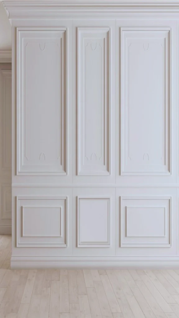 A striking wall section featuring elegant white custom millwork and architectural wood paneling. The classic design is divided horizontally, showing tall vertical rectangular panels with detailed inner decorative moldings on top, and smaller, square-shaped raised panels below. The uniform, crisp white matte paint highlights the shadow lines and textures of the woodwork. The paneled wall structure sits above light-colored, wide-plank hardwood flooring, creating a clean and timeless look.