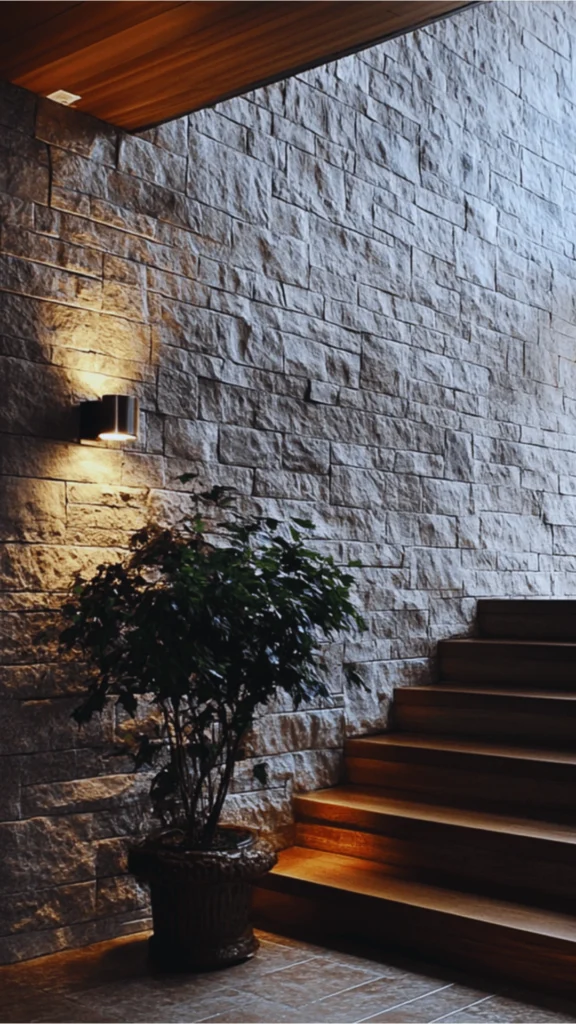 A close-up shot showcasing the rugged texture of an indoor natural stone accent wall. The wall is composed of horizontally stacked, rough-cut split-face limestone blocks in a blend of earthy warm beige, cream, and soft gray tones. To the left, a portion of a smooth, dark wooden cabinet or panel adds a sharp material contrast against the coarse stone surface. The layered arrangement of the stones creates deep shadows and varied dimensions under soft lighting.