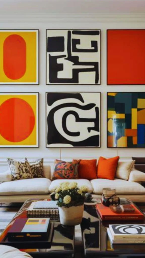 A striking, high-ceilinged living room showcasing a large-scale grid gallery wall that serves as high-end wall decor. Six large, identical square frames are arranged symmetrically in two rows of three above a plush white sofa. The abstract artwork features bold mid-century modern designs, including bright orange and yellow geometric circles on the left, high-contrast black-and-white graphic typography in the center, a solid red square, and a colorful cubist mosaic on the right. The sofa is styled with an assortment of patterned and bright orange accent pillows, while a sleek black coffee table in the foreground holds curated art books and a small potted plant with white flowers.