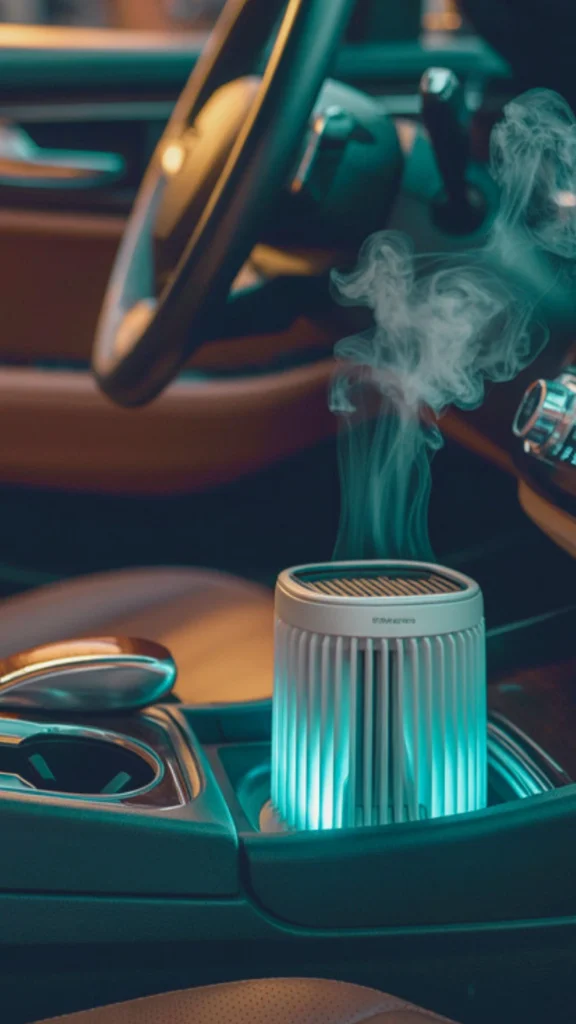 A close-up shot of a modern car interior focusing on an active electronic air purifier and aromatherapy diffuser resting in a center console cup holder. The cylindrical, fluted white device glows with a soft teal LED light from within, releasing a visible plume of clean, white mist that curls upward into the cabin. The background shows the softly blurred contours of a leather steering wheel and premium tan leather seating, illuminated by a warm, ambient golden glow.