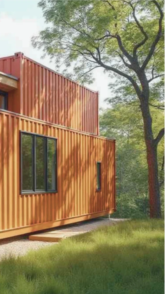 A close-up architectural view highlighting an orange two-story container home nestled among vibrant green trees. The structure is composed of stacked shipping containers, showcasing their industrial, vertically corrugated metal siding finished in a bold, matte terracotta-orange paint. On the lower level, a large, black-framed double window is cut sharply into the steel facade to invite daylight inside, while a smaller, narrow vertical window sits further down the wall. The house is set against a lush grassy slope with the sun filtering through a large, overhanging canopy tree in the background.
