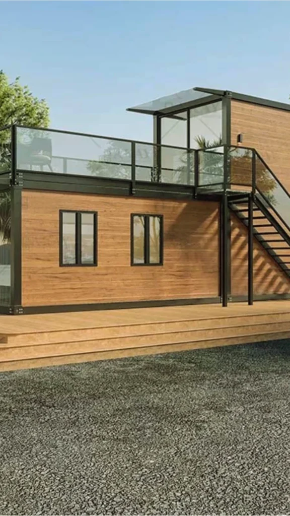 A striking vertical view inside a high-end container home corridor, showcasing architectural symmetry and premium materials. The left wall highlights the structural industrial elements with dark, vertically corrugated metal shipping container paneling, adorned with a piece of colorful abstract art. The flat ceiling is finished in perforated wood panels that reflect the warm, amber glow of two elegant, tiered crystal chandeliers hanging in sequence. Highly polished hardwood floors with rich grain patterns lead down the hallway toward a glass-enclosed end wall, offering a glimpse of green outdoor trees. In the mid-ground, a deep teal velvet armchair and matching footrest sit under a triangular window cut beneath an open wooden staircase.
