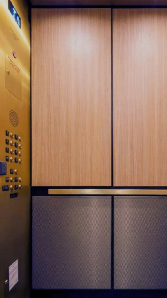 A close-up view of an elegant lift interior design focusing on high-end hardware, textures, and custom finishing touches inside the cab. The back wall features a sophisticated mixed-material panel design split horizontally by a sleek gold metal strip: the top half is composed of vertical, light oak wood grain panels separated by thin dark seams, while the lower half consists of dark grey panels with a finely textured dot grid pattern. To the left, the main control wall is made of a matching solid brushed gold or brass plate, featuring grid-aligned rows of small, circular gold push buttons, a circular speaker grille, and digital status indicators illuminated by warm overhead lighting.
