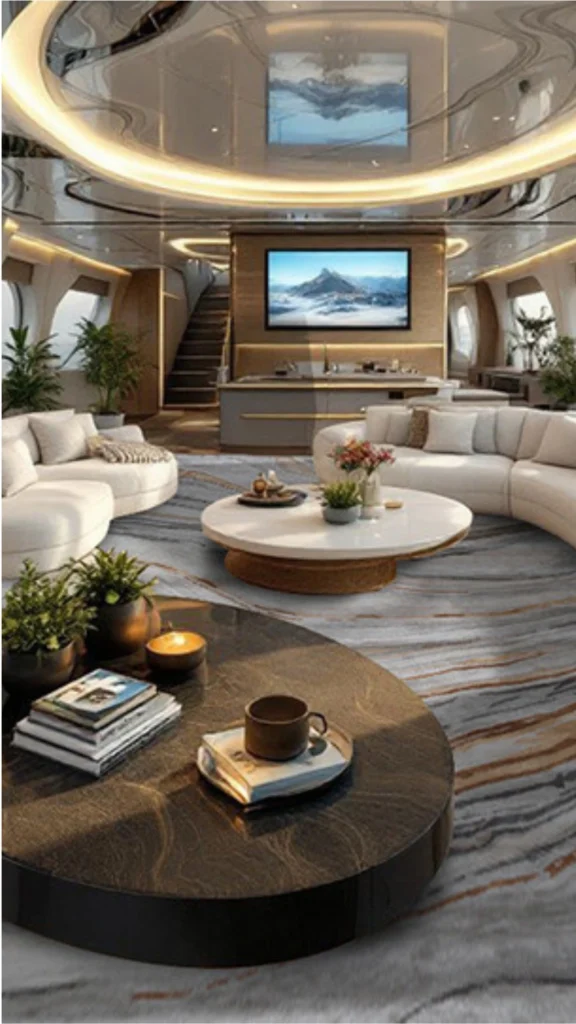 An expansive, ultra-luxurious superyacht saloon showcasing high-end interior design characterized by flowing curves and premium materials. In the foreground, a dark, low-profile oval coffee table displays books, a candle, and a coffee cup, sitting on a sprawling custom area rug with sweeping grey and bronze abstract wave patterns. Two curved, plush cream sofas wrap around a central white round coffee table decorated with small potted plants. The ceiling features a highly reflective, glossy metallic finish with embedded ring lighting that mirrors the room below. In the background, a flat-screen television displaying a mountain scene is mounted on a wood-paneled bulkhead, situated next to a modern bar island and a sleek, softly lit staircase leading to an upper deck.