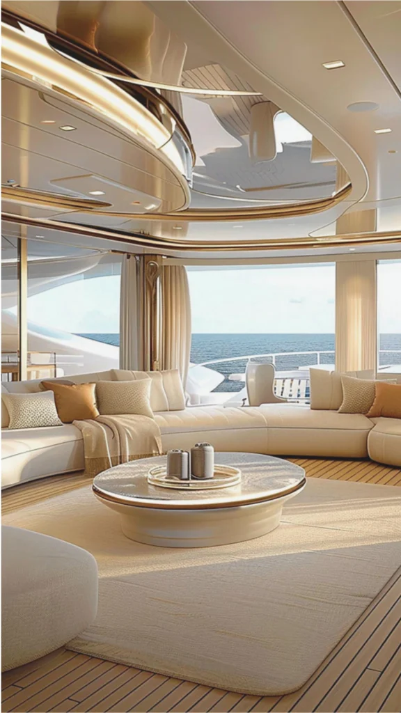 A luxurious, sunlit main salon inside a modern superyacht, showcasing an "effortless opulence" design style. The room features a massive, curved sectional sofa in a soft cream color, adorned with textured throw pillows and an ochre-orange accent cushion. In the center sits a low, circular coffee table with a metallic, reflective top on a light, textured area rug. The ceiling is architectural and futuristic, with fluid, glossy white panels accented by sweeping, illuminated gold light tracks. Large, floor-to-ceiling windows wrap around the space, offering an expansive, panoramic view of the calm blue ocean outside. The flooring consists of classic, light wood yacht decking planks.