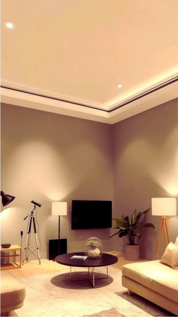 A vertical diagram of a sophisticated living room showcasing the three essential layers of luxury lighting. Text labels with arrows point to Ambient Lighting (a tiered gold chandelier and cove ceiling light), Task Light (a modern floor lamp by the sofa), and Accent Light (a tabletop lamp highlighting artwork). The warm, 2700K golden glow illustrates how proper layering transforms a neutral room from "morning cream to evening honey," creating a rich, atmospheric interior.
