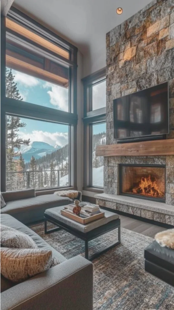 A luxury chalet living room featuring a sophisticated mountain palette of warm neutrals and charcoal accents. The space is anchored by a floor-to-ceiling stone fireplace with a rustic wood mantel, complemented by a low-profile charcoal sectional and a textured area rug. Massive floor-to-ceiling windows offer a breathtaking view of snow-capped mountains, while the use of "warm cream" tones and natural wood creates an expensive and inviting atmosphere that avoids clinical starkness.