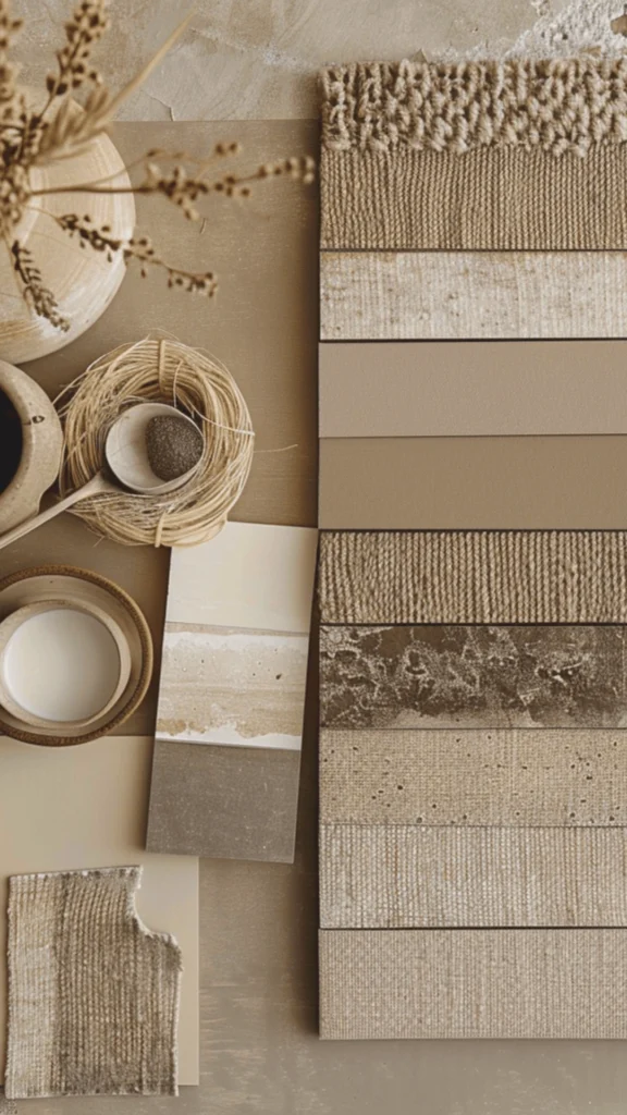 A top-down interior design mood board featuring a sophisticated palette of warm neutrals and organic textures. The image displays various material swatches including creamy white and taupe paint chips, textured linen fabrics in oatmeal and sand, a sample of dark marbled stone, and several ribbed or woven carpet swatches. Decorative natural elements like dried botanicals, a small stoneware bowl, and a miniature woven nest with a smooth stone are arranged artistically alongside the swatches to evoke a tactile, high-end mountain aesthetic.