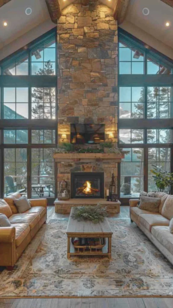 A grand mountain home living room featuring a massive floor-to-ceiling fireplace constructed from textured, irregular fieldstone. The fireplace serves as the central anchor of the great room, featuring a thick, chunky wood mantel and a warm fire burning in the hearth. Flanking the stone structure are expansive double-height windows that offer a clear view of a pine forest and mountain landscape. The room is furnished with comfortable leather and fabric sofas arranged around a rustic wooden coffee table on a patterned area rug, all set under a high vaulted ceiling with exposed timber beams.
