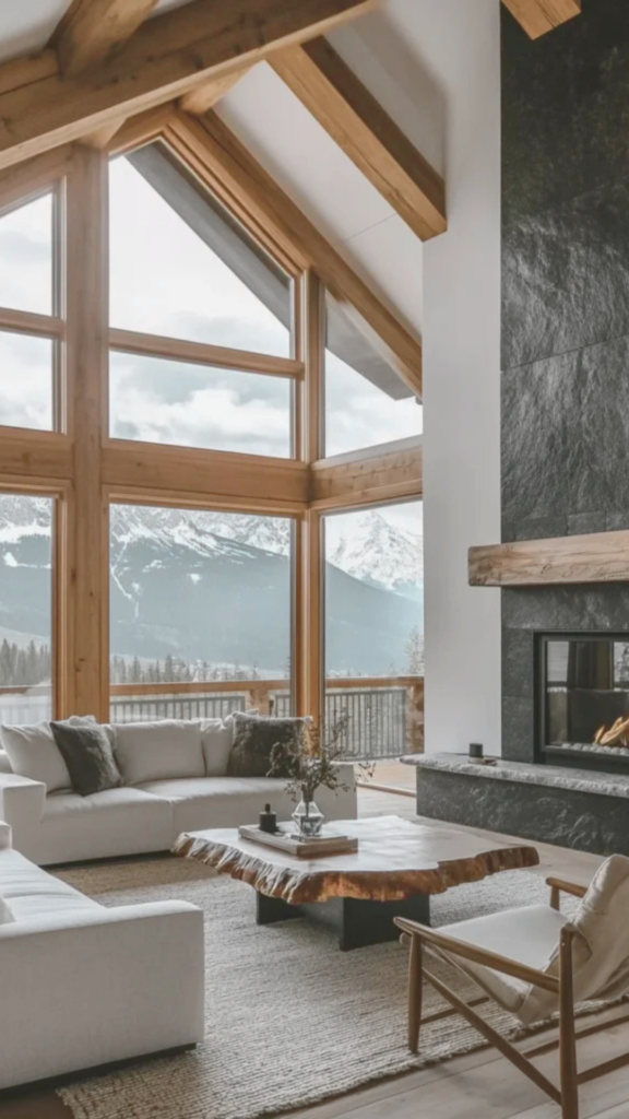 A bright, modern mountain interior featuring dramatic vaulted ceilings with heavy, light-toned structural wood beams. A large floor-to-ceiling window wall provides a panoramic view of snow-capped mountains, perfectly aligned with the timber beams to catch natural light. The room includes a sleek, dark stone fireplace with a thick reclaimed wood mantel, a live-edge wooden coffee table, and minimalist white sofas that create a sophisticated, airy atmosphere.