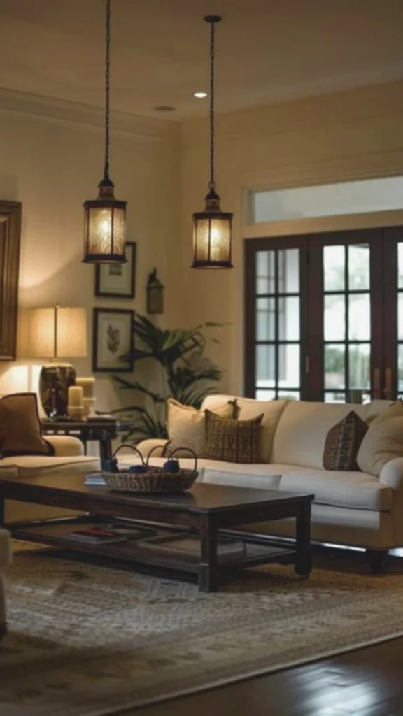 An elegant living room illustrating layered lighting for a warm, cozy ambiance. Two large lantern-style pendant lights with amber-toned glass hang over a dark wood coffee table, providing soft task lighting. In the background, a traditional table lamp with a cream shade adds a warm ambient glow, while framed artwork and indoor plants are subtly highlighted. The scene features a plush cream-colored sofa with decorative pillows and large glass-paned doors, all bathed in a low-intensity, golden light that creates a sophisticated "evening coze" feel.