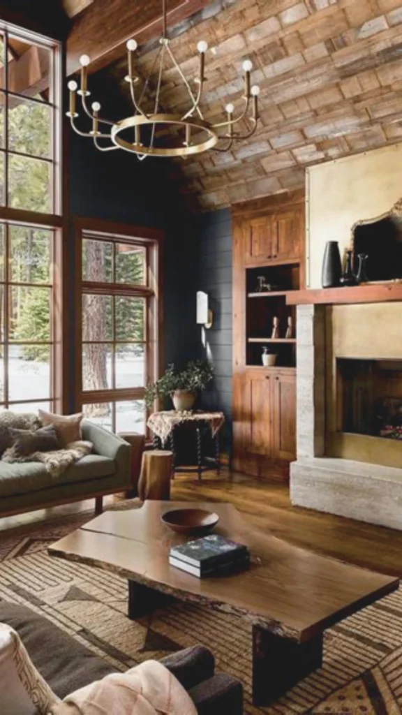 A cozy, high-end mountain living room showcasing a rich variety of tactile textures. The space features a vaulted ceiling with reclaimed wood tiles, a live-edge wooden coffee table, and a plush green sofa adorned with a soft sheepskin throw. A large stone fireplace with a smooth mantel serves as a focal point next to dark shiplap walls and custom wood cabinetry. The room is grounded by a large patterned wool rug and illuminated by a large brass ring chandelier, with expansive windows in the background looking out onto a snowy forest.