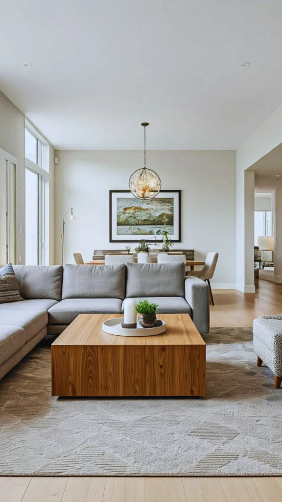 A bright, open-concept luxury living room featuring a large, grey L-shaped sectional sofa that serves as the room's anchor. A minimalist, square wooden coffee table with a warm grain sits on a textured beige area rug in the center of the seating area. In the background, a modern dining set is positioned under a decorative globe pendant light and a large piece of framed landscape art. The space is illuminated by natural light from floor-to-ceiling windows, creating a clean, airy atmosphere that emphasizes a sophisticated color story and thoughtful traffic flow.