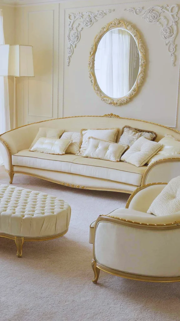 A luxurious, classical living room suite featuring a long, cream-colored sofa with an elegant curved back and ornate gold-leaf trim along the frame. The sofa is filled with a variety of plush silk and velvet accent pillows. In the foreground, a large, matching tufted oval ottoman and a coordinating armchair with the same gold detailing complete the set. The furniture is positioned against a white wall decorated with intricate crown molding and a large, gold-framed oval mirror, creating an atmosphere of timeless luxury and superior frame craftsmanship.