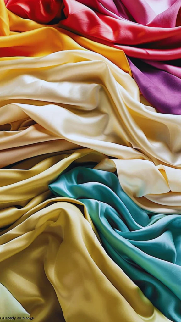 A vibrant, close-up shot of luxurious draped fabrics showcasing a variety of rich colors and smooth textures. The image features cascading folds of satin or silk-like material in jewel tones, including deep teal, magenta, and mustard yellow, mixed with warm neutrals like cream and soft gold. The light catches the ripples and sheen of the fabric, emphasizing the depth and tactile quality essential for elegant interior design and high-end sofa upholstery.