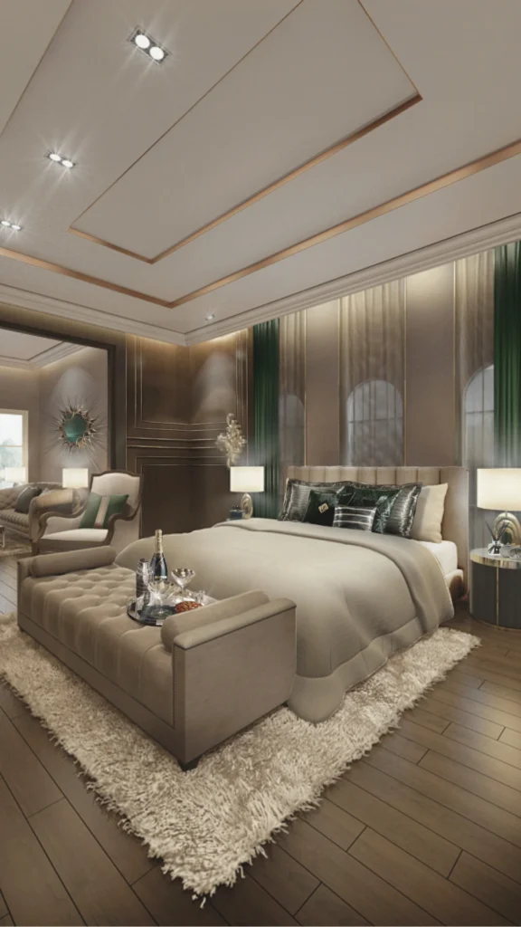 A grand, luxury primary bedroom featuring a large king-sized bed with a tall, tufted tan headboard as the focal point. The bed is styled with high-end linens and deep green velvet accent pillows, positioned on a plush, high-pile cream area rug over dark wood plank flooring. At the foot of the bed sits a matching tufted bench holding a tray with champagne and glasses. The room is designed with sophisticated architectural details, including a recessed tray ceiling with gold trim and ambient lighting, large arched windows with emerald green velvet drapes, and elegant bedside tables with modern gold lamps.