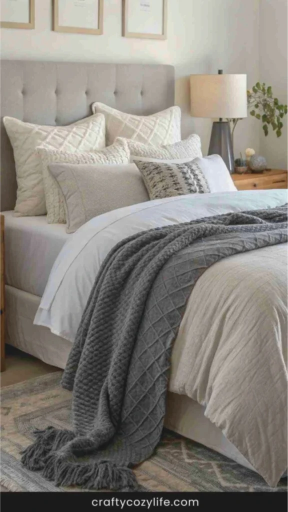 A beautifully layered, "hotel chic" bed demonstrating a mix of neutral textures. The bed features a tall, grey button-tufted headboard and is dressed in crisp white linens, a lightweight cream quilt, and a heavy, grey chunky-knit throw blanket draped across the foot. An array of pillows is arranged symmetrically, including oversized white quilted Euro shams, standard sleeping pillows, and a decorative patterned lumbar pillow. The setup is grounded by a vintage-style patterned rug and illuminated by a soft, warm table lamp, creating an inviting and premium bedroom interior.