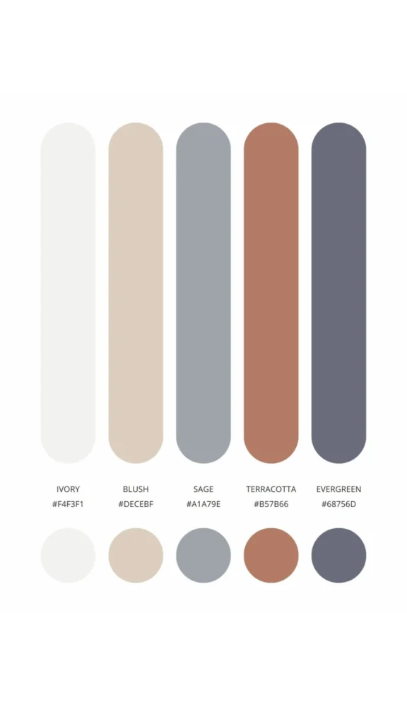 A minimalist color palette chart featuring five serene, muted tones suitable for luxury bedroom design. The palette is presented as vertical rounded bars and circular swatches, including "Ivory" (a soft off-white), "Blush" (a warm beige-sand), "Sage" (a cool, dusty grey-blue), "Terracotta" (a muted earthy clay), and "Evergreen" (a deep charcoal-grey). Each color is labeled with its name and corresponding hex code, providing a clear visual guide for creating a restful and premium interior atmosphere.