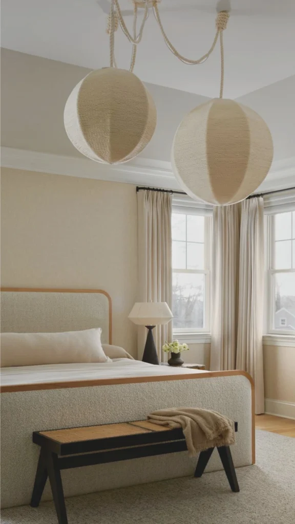 A serene, luxury bedroom featuring layered lighting and a neutral color palette. The room is anchored by two large, oversized globe pendant lights with a woven rope texture hanging from the ceiling, providing a soft ambient glow. A modern black bedside lamp with a white geometric shade provides focused task lighting next to a light-textured upholstered bed with warm wood trim. Large windows with floor-to-ceiling cream drapes allow for natural light, while the combination of brass and matte black finishes throughout the room creates a sophisticated, premium interior.