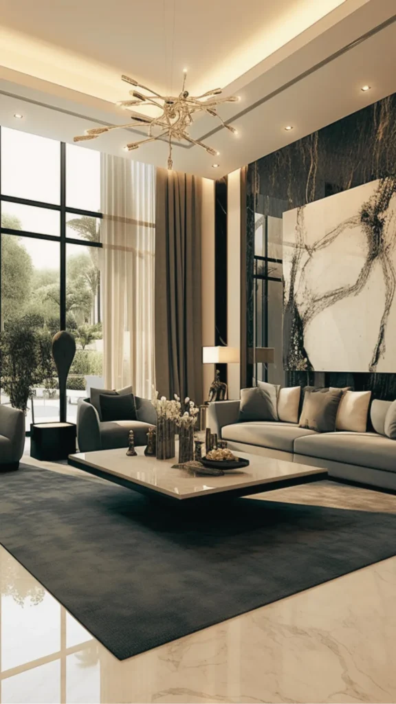 An ultra-modern luxury living room with high ceilings and floor-to-ceiling windows. The space features a sophisticated neutral palette, anchored by a large charcoal area rug and a black marble accent wall. A low-profile stone coffee table sits at the center, complemented by a sculptural gold chandelier and a massive piece of abstract wall art. The design perfectly demonstrates the "tiny tension" created by mixing deep, dark accents with warm beige and cream tones to achieve a high-end, atmospheric look.