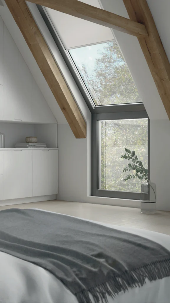A serene, modern attic bedroom featuring a large skylight that offers a clear view of green trees and natural light. The room showcases a variety of textures, including heavy exposed raw wood ceiling beams, a soft grey wool throw blanket draped over a white bed, and sleek matte white cabinetry. A minimalist glass vase with a fresh eucalyptus branch sits on the light wood flooring, emphasizing an elegant bedroom design that balances smooth surfaces with natural, organic materials.