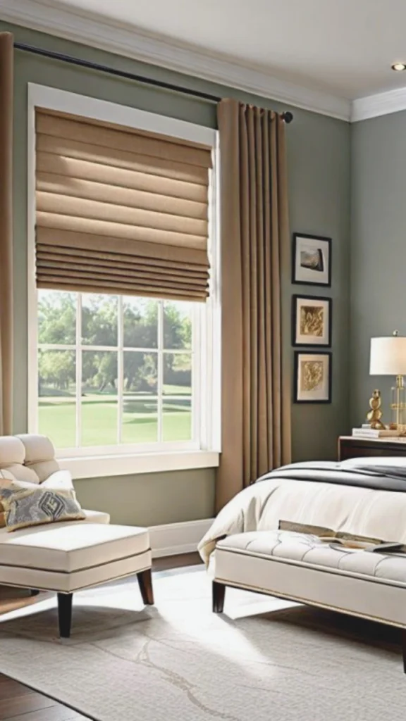 A close-up view of an elegant bedroom design featuring floor-length, double-layered drapes that hang from the ceiling to the floor. The window is dressed with soft, semi-sheer white curtains behind heavy, textured taupe panels, providing a luxurious and serene look. A minimalist gold curtain rod is mounted high above the window frame, while a plush grey velvet bench sits in front of the window, emphasizing the room's rich fabrics and sophisticated atmosphere.