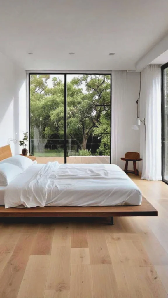 A close-up view of a luxury bedroom floor designed for comfort and tactile appeal. A large, high-pile cream area rug is layered over dark wood flooring, providing a soft surface that extends under the bed frame. The scene features a mix of rich materials, including a textured grey bed base and a matching grey tufted ottoman at the foot of the bed. A chunky-knit grey throw blanket is draped over the bed, emphasizing the room's focus on warmth and layered natural textures.