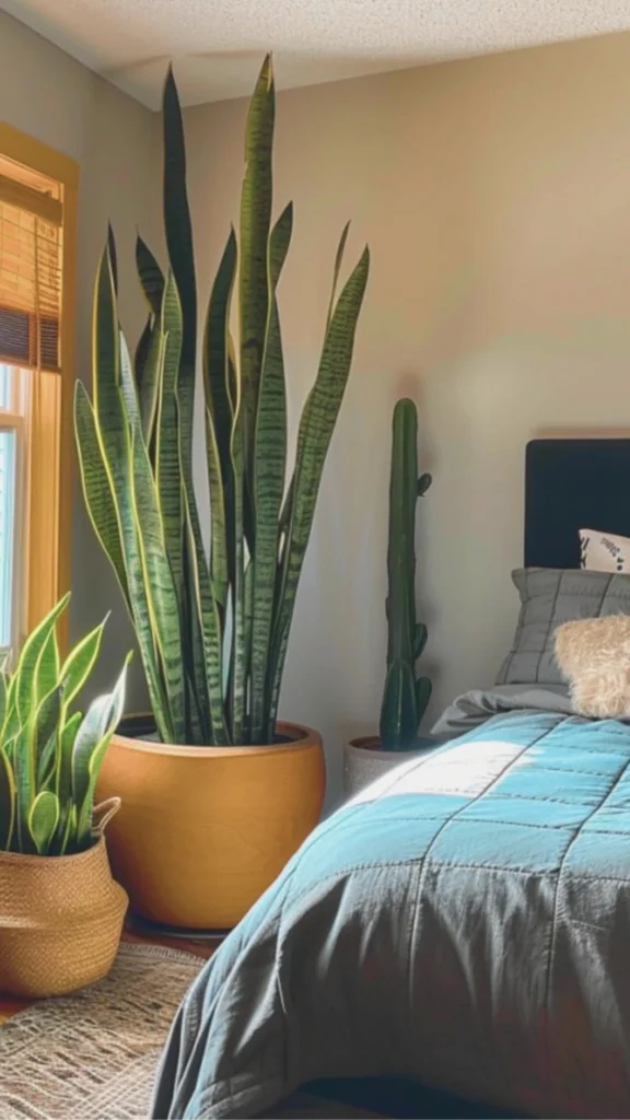 A serene corner of a luxury bedroom featuring "elements that breathe," including a very tall, vibrant snake plant in a large terracotta pot and a smaller snake plant in a woven basket. The greenery is positioned near a sunlit window with a natural bamboo blind, casting a warm glow over a bed styled with a quilted grey duvet. The arrangement demonstrates how large, low-light plants can be used to add life and texture to an elegant bedroom design, creating a space that feels both inspired and calm.
