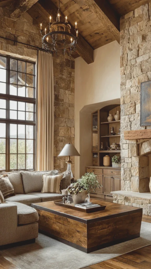 A grand, rustic living room featuring a warm mountain chalet interior with soaring vaulted ceilings and exposed wooden beams. A large, comfortable sectional sofa in a neutral textured fabric sits on a light area rug, creating an intimate seating layout around a massive, low-profile reclaimed wood coffee table. The space is anchored by a floor-to-ceiling natural stone fireplace and features a built-in wooden cabinet niche filled with pottery. A large multi-paned window with floor-length cream drapes floods the room with natural light, while a medieval-style black iron chandelier adds a touch of historic elegance.