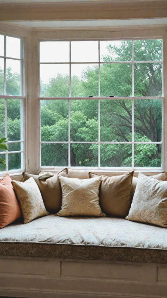A cozy and intentional mountain retreat nook designed for quiet relaxation. The space features a large picture window framing a serene, misty forest view with pine trees. Tucked perfectly into the window alcove are two classic dark leather club chairs facing each other, divided by a minimal side table with a cup of tea. A warm, ambient glow is cast by a slender black floor lamp and a glowing fireplace slightly visible in the background, contrasting with the dark, moody stone accent walls and highlighting a peaceful, upscale cabin aesthetic.