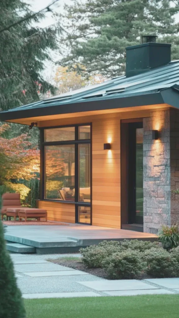 A luxury mountain home patio designed to seamlessly transition between indoor and outdoor living. The covered deck features a comfortable sectional sofa with plush light grey cushions, a matching single armchair, and a low-profile rectangular fire table built into the center. The flooring consists of light stone tiles that extend outward toward a minimalist glass railing, offering an unobstructed view of a misty, snow-dusted evergreen forest and mountains. Floor-to-ceiling glass doors open up the space, highlighting a sophisticated, weather-resistant outdoor living room that blends beautifully with the natural landscape.