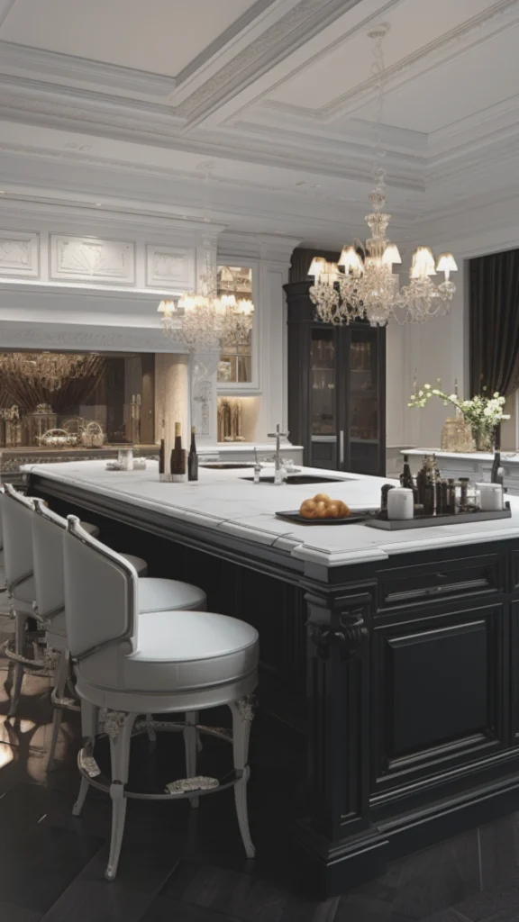 A grand, luxury kitchen featuring clean architectural lines, soaring coffered ceilings, and elaborate crown molding. The centerpiece is a massive, long kitchen island with a white marble countertop and a dark charcoal base, lined with elegant white leather barstools boasting ornate metallic trim. Two large, shimmering crystal chandeliers hang overhead, casting a warm glow across the sophisticated space. In the background, dark, full-height cabinetry extends toward the ceiling, while a beautifully styled back counter features polished metallic serveware and a delicate floral arrangement, exemplifying high-end, classic luxury kitchen design.