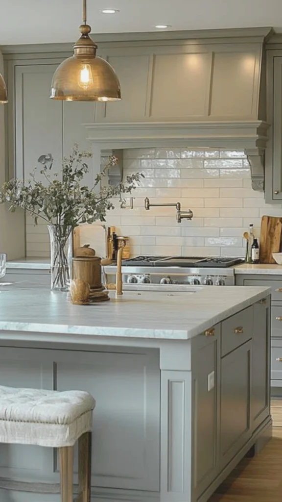 A sophisticated, luxury kitchen showcasing a restrained and layered neutral color palette. The perimeter and contrasting center island feature muted greige cabinetry with elegant recessed panels and brushed brass hardware. A classic white marble countertop with soft gray veining spans the island, which is paired with a tufted cream upholstered barstool. In the background, a matching greige custom range hood sits above a glossy white subway tile backsplash, a stainless steel professional range, and a wall-mounted brass pot filler. The warm, inviting tone is completed by an industrial-style brass dome pendant light casting a soft glow over a vase of delicate branches.