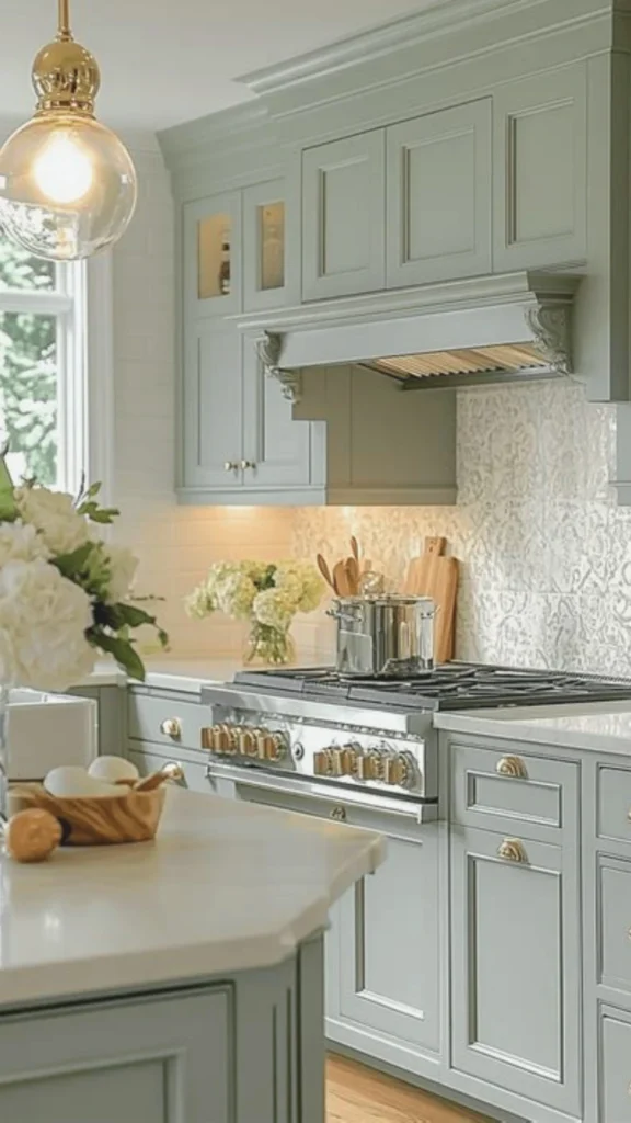 A close-up view of a high-end, custom-looking kitchen featuring muted sage green or soft greige cabinetry with elegant recessed panels and brushed gold cup handles. A polished white countertop runs along the perimeter, matching the foreground island. Above the professional stainless steel gas range sits a matching custom hood insert, framed by a delicate, textured white patterned tile backsplash. Warm ambient lighting glows from underneath the upper cabinets, and a polished gold glass globe pendant light hangs in the foreground, creating a bright yet soft and inviting culinary space.