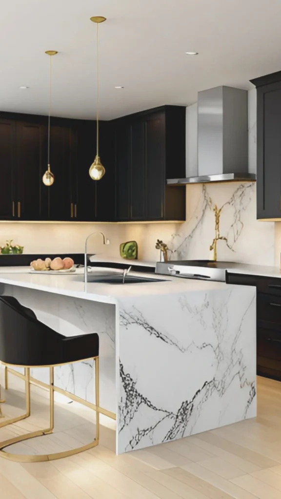A striking luxury kitchen center island featuring a thick, natural white marble or quartzite countertop with dramatic, high-contrast grey and charcoal veining. The stone surface beautifully showcases the "waterfall" technique, where the seamless material wraps over the top and flows vertically down the entire side of the island base to create a bold geometric statement. The island is paired with sleek white upholstered modern counter stools with minimalist gold frames, set against a background of warm light wood flooring and subtle neutral elements.