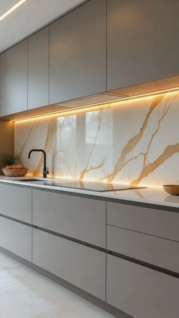 A minimalist luxury kitchen showcasing a seamless slab backsplash that matches the countertop. Both are crafted from a polished white stone featuring soft grey veining that continues vertically up the wall, creating a clean look with no visible grout lines. A sleek, modern black induction cooktop is built into the counter, with small oil bottles neatly arranged beside it. Above, under-cabinet LED strip lighting casts a warm, soft glow downward across the smooth stone surfaces, emphasizing an elegant and expensive-looking aesthetic.