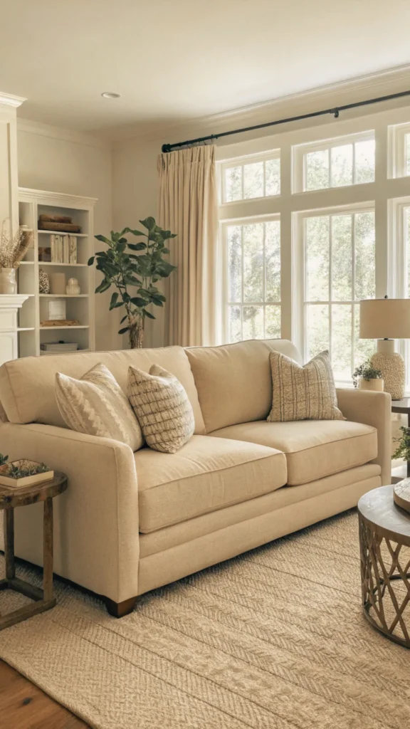 A bright, inviting living room featuring a plush, track-arm sofa in a warm "oat" color with soft, rounded edges. The sofa is styled with textured neutral throw pillows and sits on a chevron-patterned jute rug. To the side, a rustic wood end table adds organic texture, while large windows with beige drapes fill the space with light. The arrangement demonstrates the "breathing room" concept, with intentional spacing between the sofa, coffee table, and built-in shelving for an expensive, airy feel.
